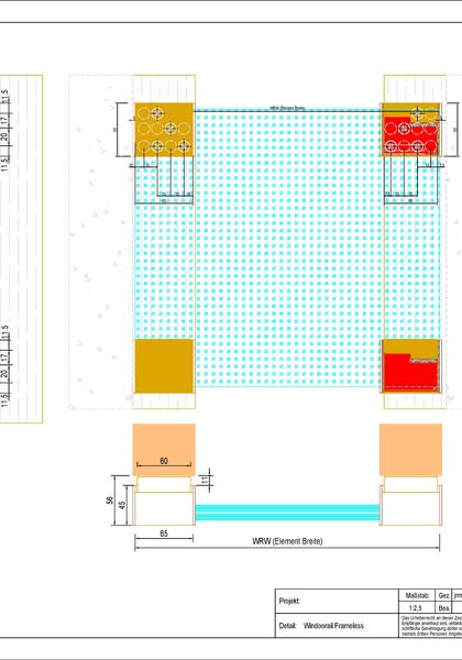 Detailzeichnung von rahmenlosem Glas Marte Glasgeländer-System für Französische Fenster GM WINDOORAIL® FRAMELESS (PDF)