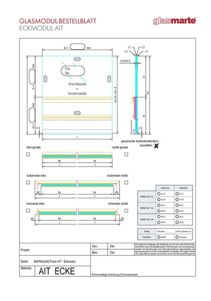 Bestellformular: Glasgeländer-System GM RAILING® FRONT AIT Eckmodul