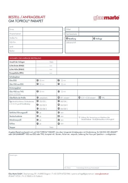 Anfrage- und Bestellformular: Schiebesystem GM TOPROLL® PARAPET