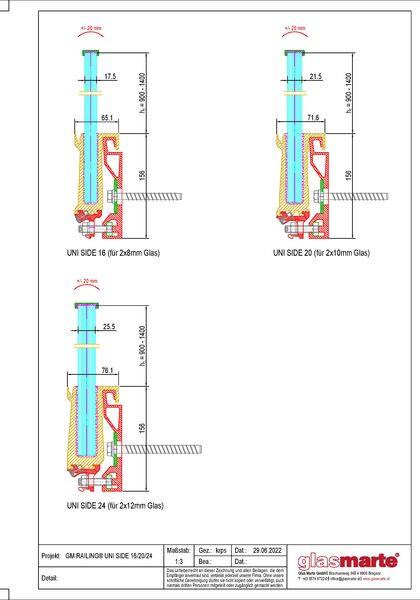 Detailzeichnung: Querschnitt Glasgeländer-System GM RAILING® UNI SIDE