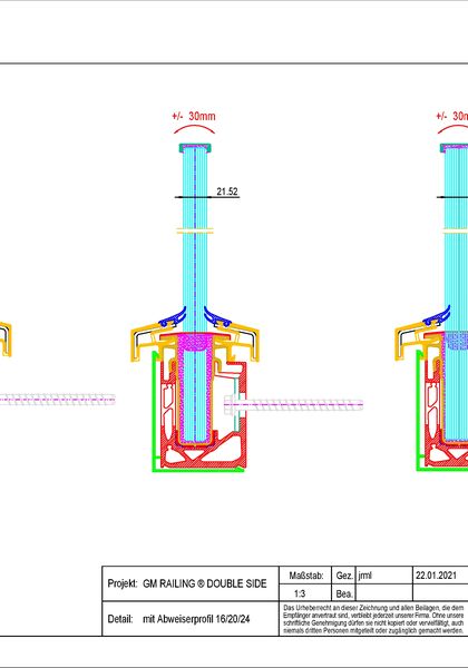 Detailzeichnung Glasgeländer-System GM RAILING® DOUBLE SIDE Profilquerschnitt & Abweiser
