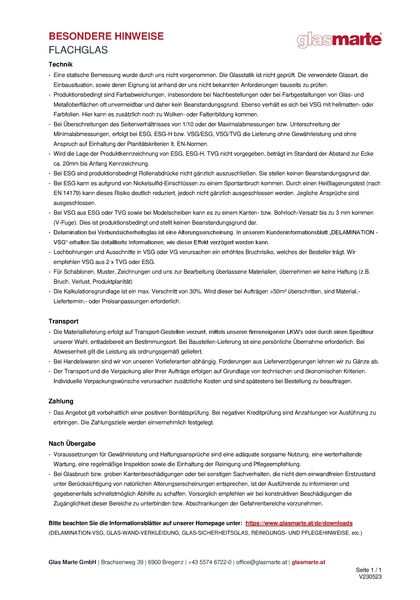 Informationsblatt: Glas Marte besondere Hinweise für Flachglas
