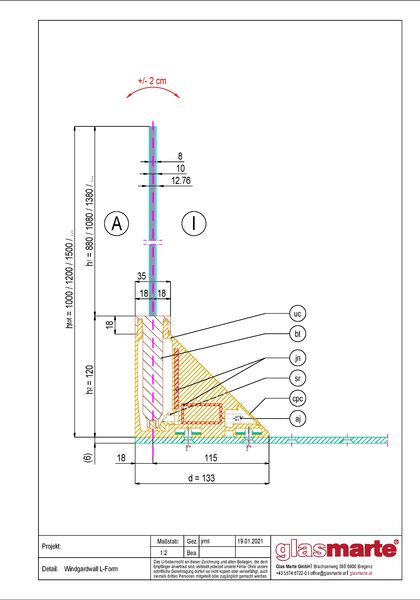 Detailzeichnung Windschutzwand aus Glas GM WINDGARDWALL (L-Form) als Trennwand für die Gastronomie