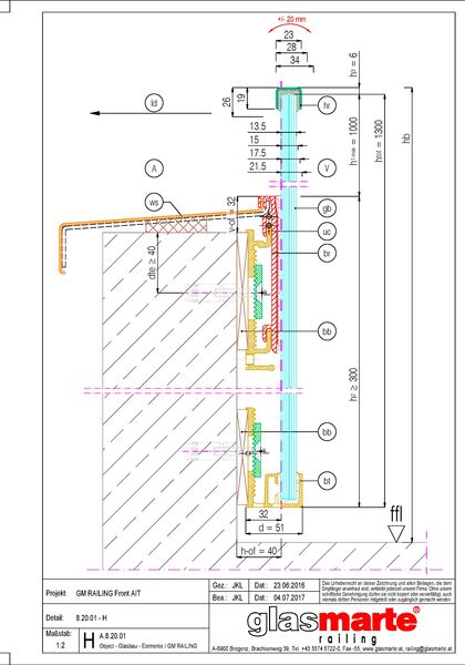 Detailzeichnung Glasgeländer-System GM RAILING® FRONT