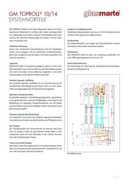 Praktische Vorteile des Glas Marte Schiebesystems GM TOPROLL® 10/14