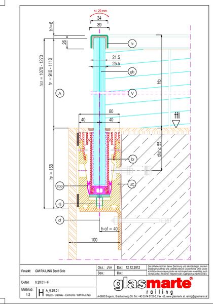Detailzeichnung. Glasgeländer-System GM RAILING® BENT SIDE