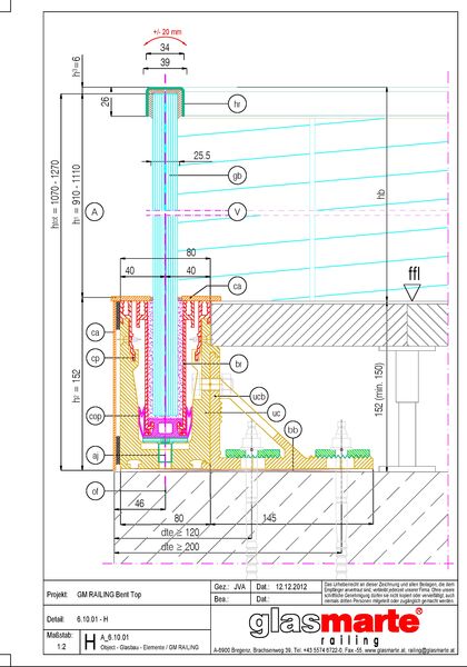 Detailzeichnung. Glasgeländer-System GM RAILING® BENT TOP