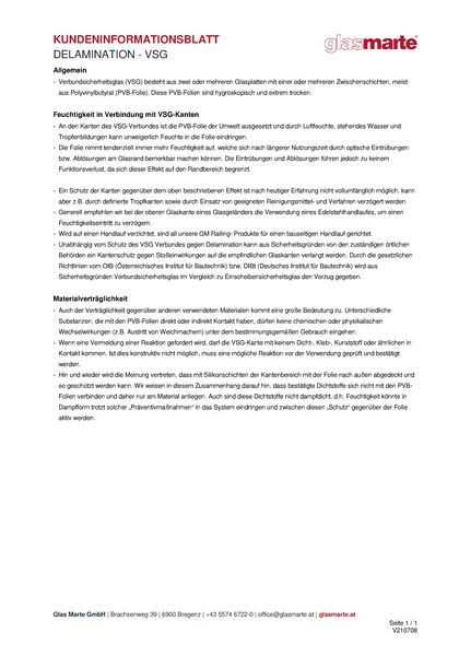 Glas Marte Informationsblatt über VSG-Delamination
