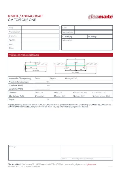 Anfrage- und Bestellformular: Schiebesystem GM TOPROLL® ONE