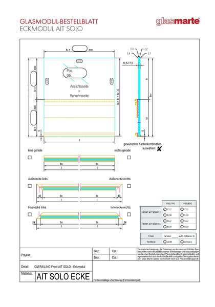 Bestellformular: Glasgeländer-System GM RAILING® FRONT AIT SOLO Eckmodul