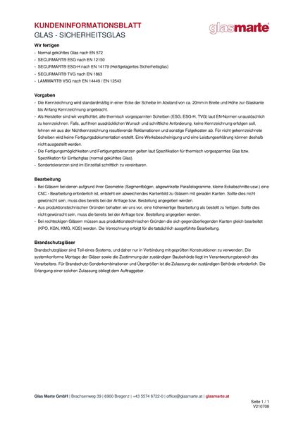 Informationsblatt: Glas Marte Sicherheitsglas: Normen & Bearbeitungsmöglichkeiten