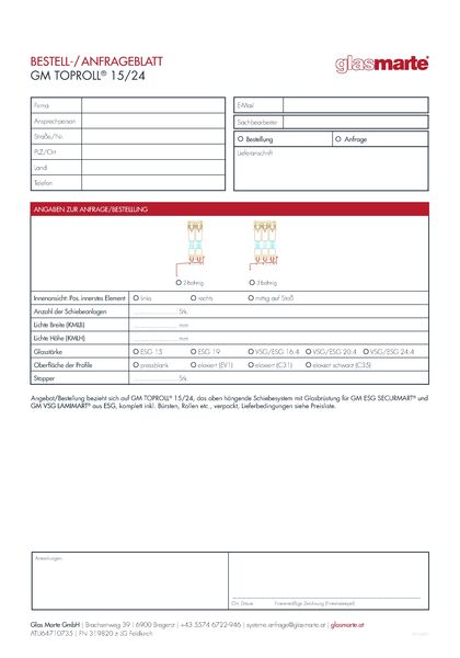 Anfrage- und Bestellformular: Schiebesystem GM TOPROLL® 15/24